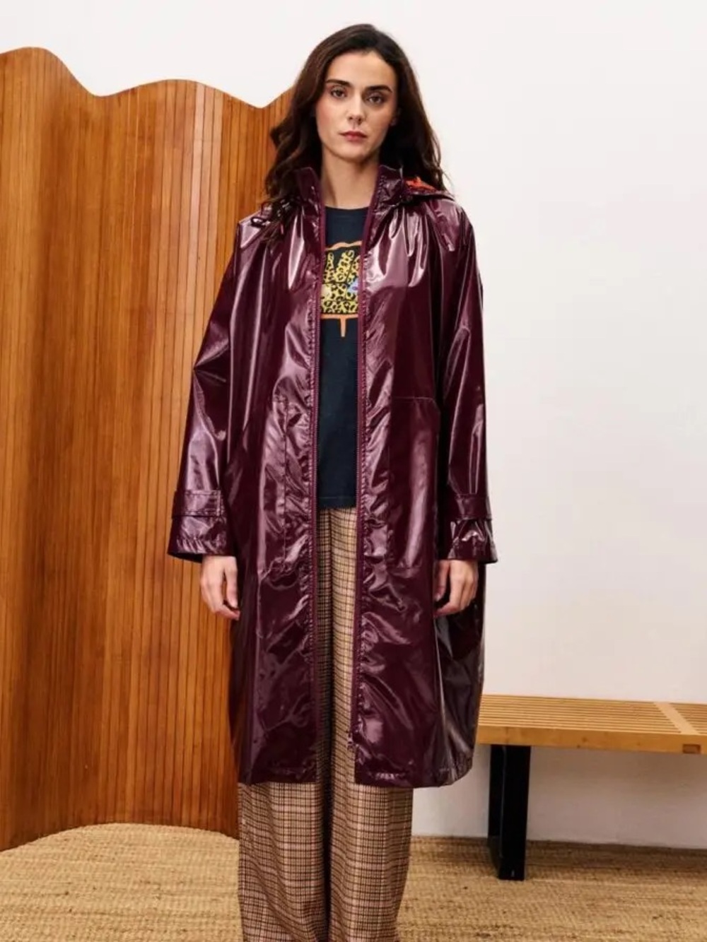 FRNCH Paris NWT Weil Bordeaux Glossy Hooded Rain Parka Coat, Size S